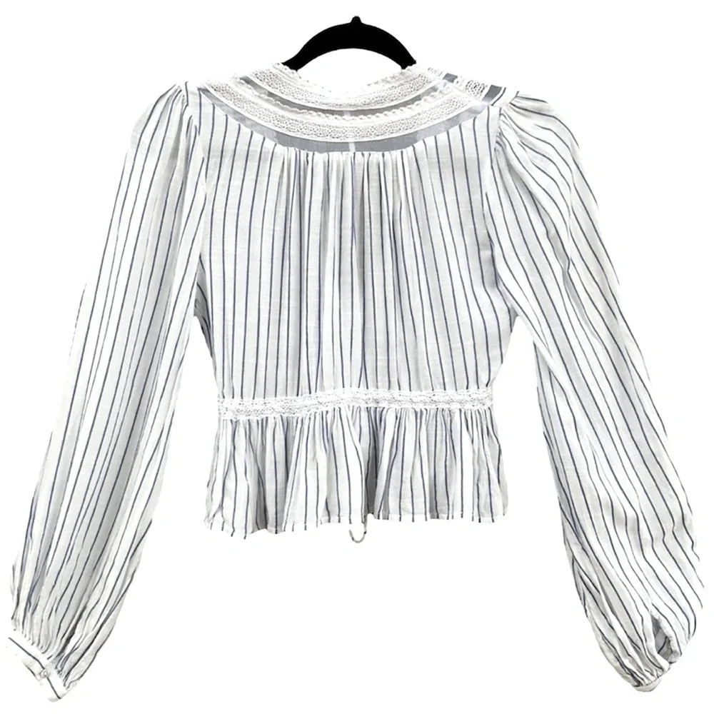 Free People | Oberoi Hippie Plunging V Neck Lace Tassel Boho Sheer Peplum Top- M - Picture 6 of 9